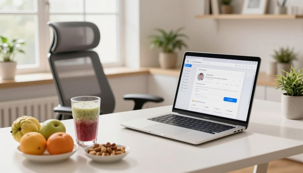 A clean desk with a laptop and healthy snacks representing home office maintenance