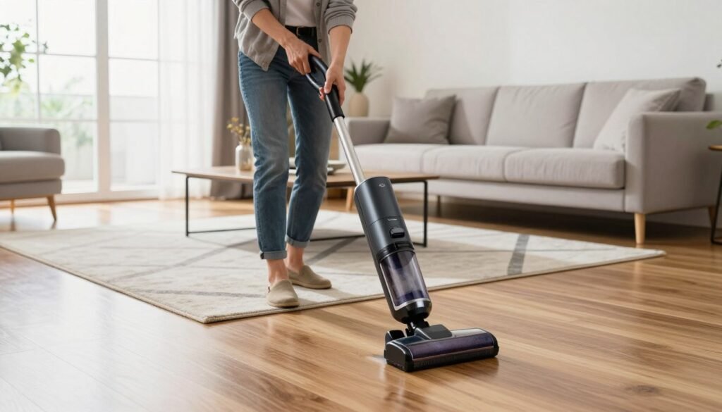 A person using a cordless vacuum to clean a modern living room floor