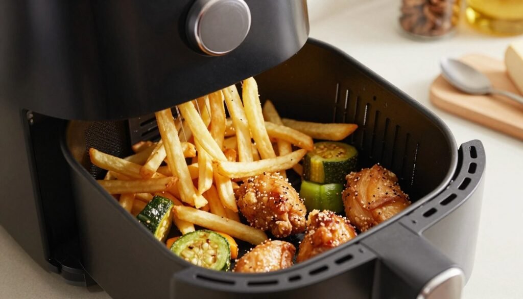 shaking food in an air fryer basket