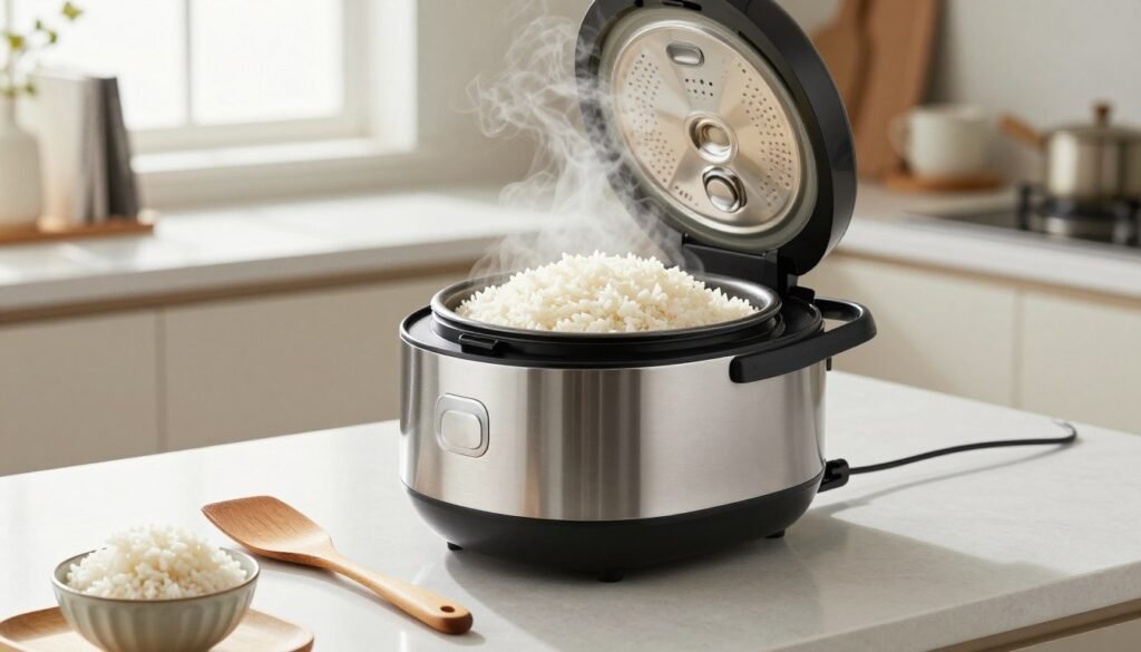 Using a rice cooker to prepare fluffy white rice in a modern kitchen Using a rice cooker to prepare fluffy white rice in a modern kitchen